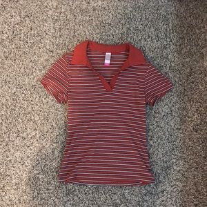 collared rustic red white and black striped shirt